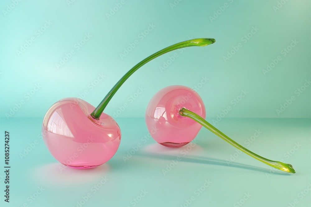 Modern glass artistry: elegant pink glass cherries with long green stems for contemporary decor Modern glass artistry: elegant pink glass cherries with long green stems for contemporary decor
