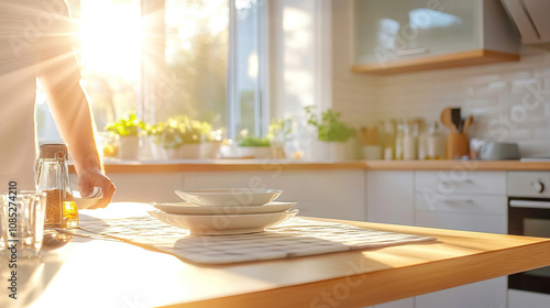 Moderne Küche mit Fokus auf Geschirr im Sonnenlicht - Freiraum für Produktpräsentation