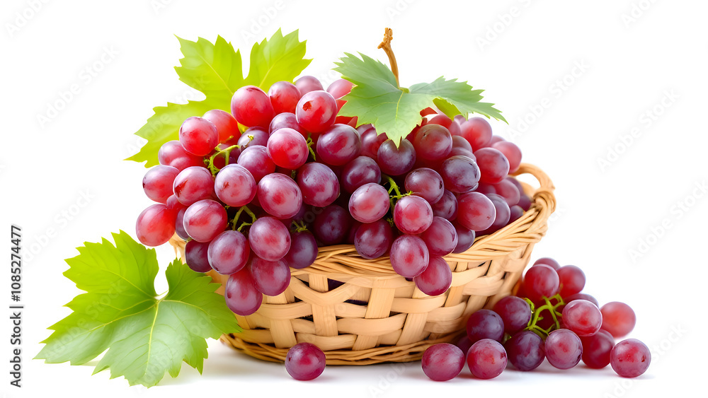 Fresh grapes on wood basket isolated on white Fresh grapes on wood basket isolated on white