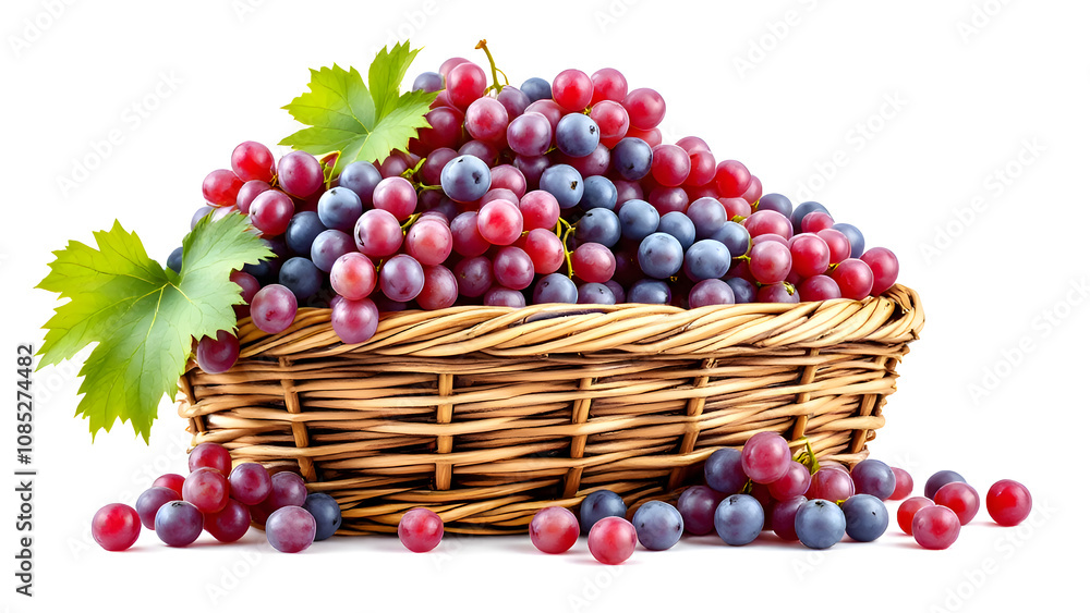 Fresh grapes on wood basket isolated on white Fresh grapes on wood basket isolated on white