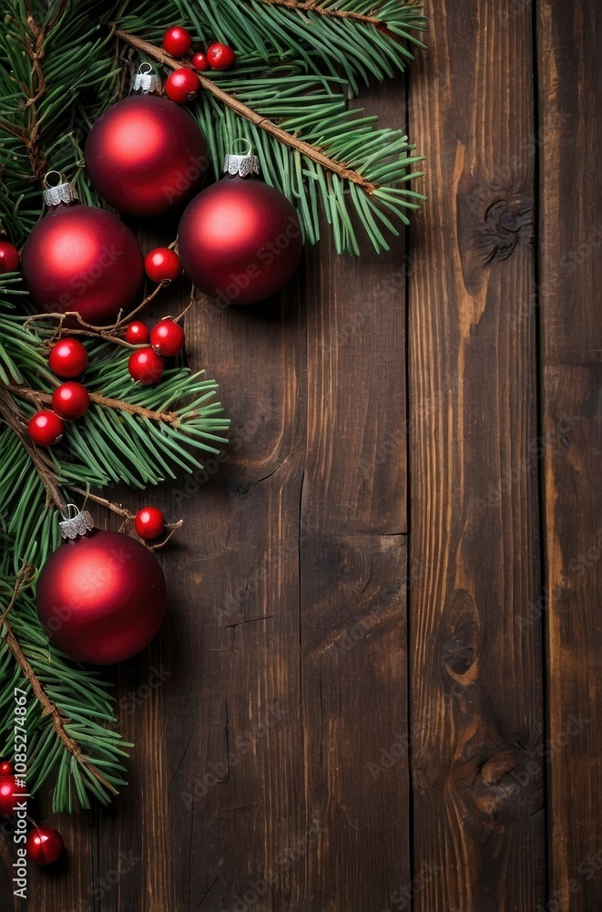 Top view of a christmas frame made of pine twigs, christmas balls, berries and christmas lights with copy space on a rustic wooden plank - generative ai Top view of a christmas frame made of pine twigs, christmas balls, berries and christmas lights with copy space on a rustic wooden plank - generative ai