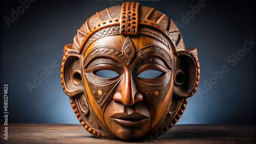 Brown Wooden Ceremonial Mask on Transparent Background for Unique Product Photography, Ideal for Cultural Displays, Home Decor, and Art Collections