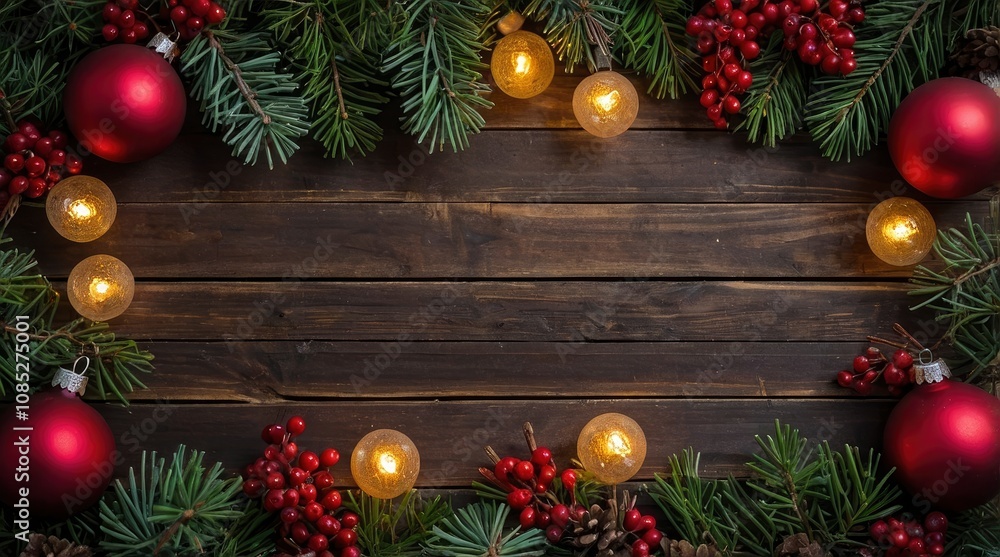 Top view of a christmas frame made of pine twigs, christmas balls, berries and christmas lights with copy space on a rustic wooden plank - generative ai Top view of a christmas frame made of pine twigs, christmas balls, berries and christmas lights with copy space on a rustic wooden plank - generative ai