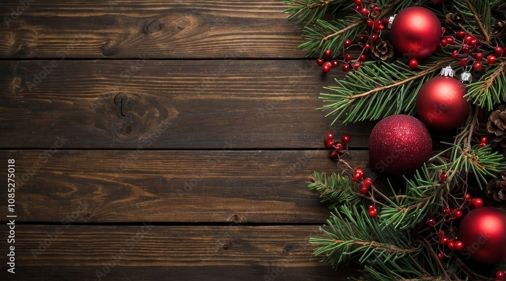 Top view of a christmas frame made of pine twigs, christmas balls, berries and christmas lights with copy space on a rustic wooden plank - generative ai Top view of a christmas frame made of pine twigs, christmas balls, berries and christmas lights with copy space on a rustic wooden plank - generative ai