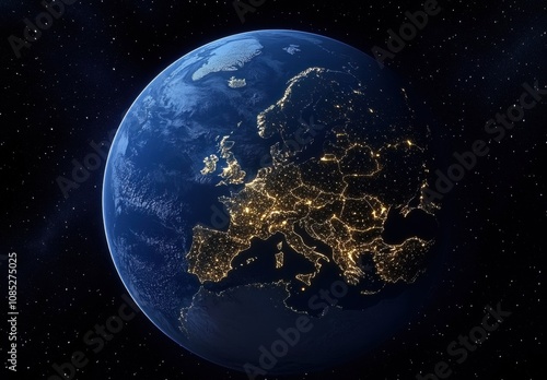 Stunning Night View of Europe from Space Capturing the Illuminated Cities and Natural Beauty of the Continent Against a Dark Background of Stars