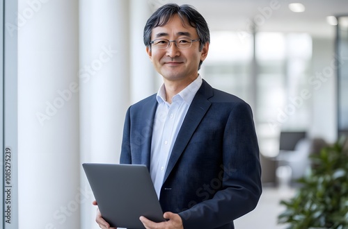 Professional Asian Man Holding Laptop in Office Building