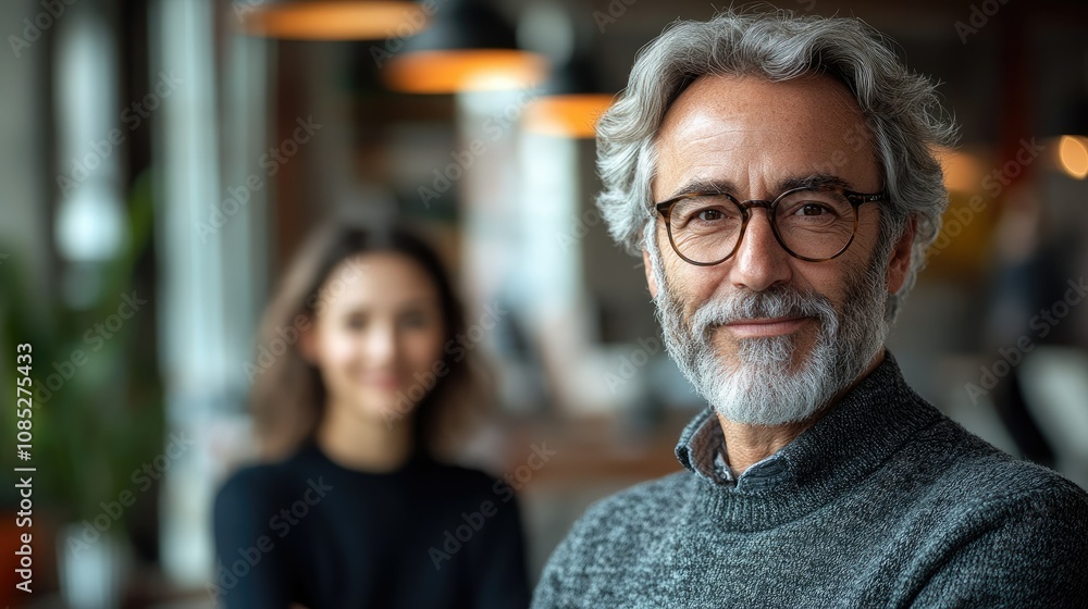 Smiling mature man with grey hair and glasses, woman blurred in background. Smiling mature man with grey hair and glasses, woman blurred in background.