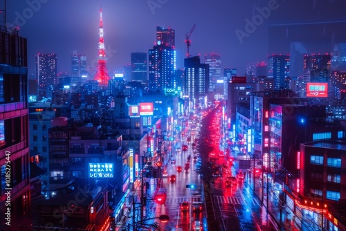 Wallpaper Mural Nighttime cityscape showcasing bright neon lights and the Tower surrounded by bustling urban life Torontodigital.ca