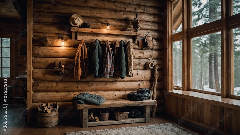 A rustic wooden wall adorned with a handcrafted clothing and firewood rack, perfect for a cozy cabin in the woods. A rustic wooden wall adorned with a handcrafted clothing and firewood rack, perfect for a cozy cabin in the woods.