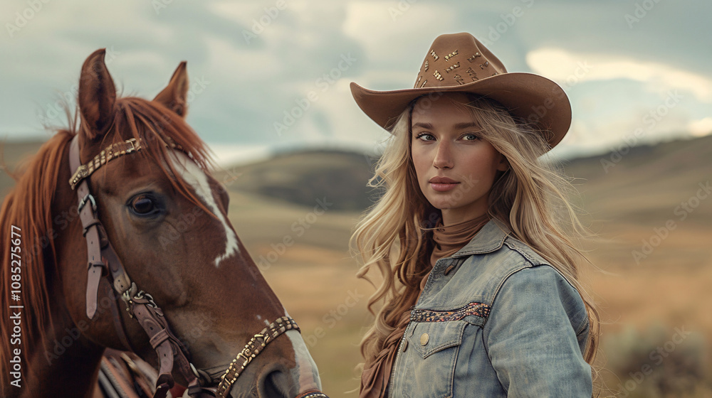 Obraz premium Woman in western attire, leading her horse along a country path, radiating beauty and confidence