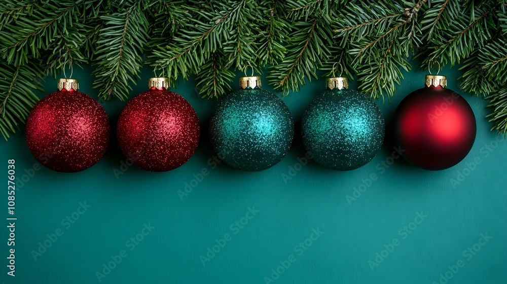 Festive Christmas Ornaments on Green Background Festive Christmas Ornaments on Green Background