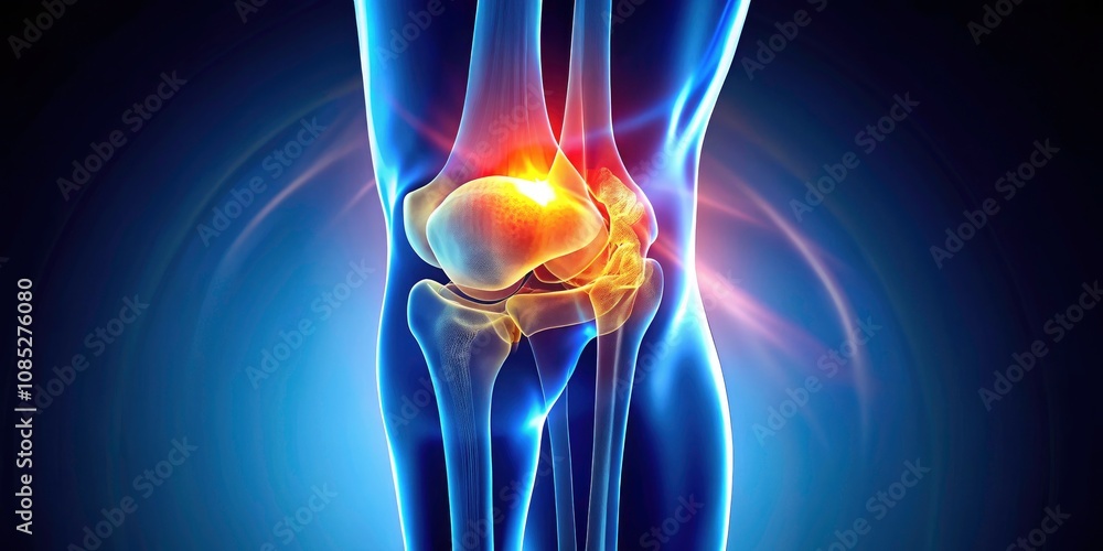 Close-Up of a Glowing Human Knee Joint in Low Light, Highlighting Anatomy, Pain, Injury, and Biomechanics for Medical Illustration and Educational Purposes Close-Up of a Glowing Human Knee Joint in Low Light, Highlighting Anatomy, Pain, Injury, and Biomechanics for Medical Illustration and Educational Purposes