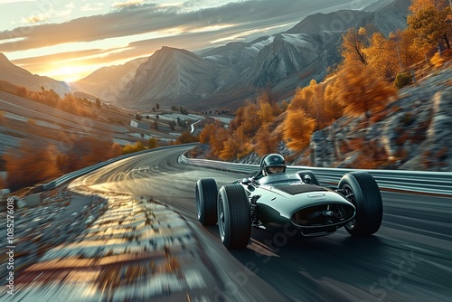 A classic racing car navigates a winding mountain road during a stunning sunset in autumn, showcasing speed and scenic beauty photo