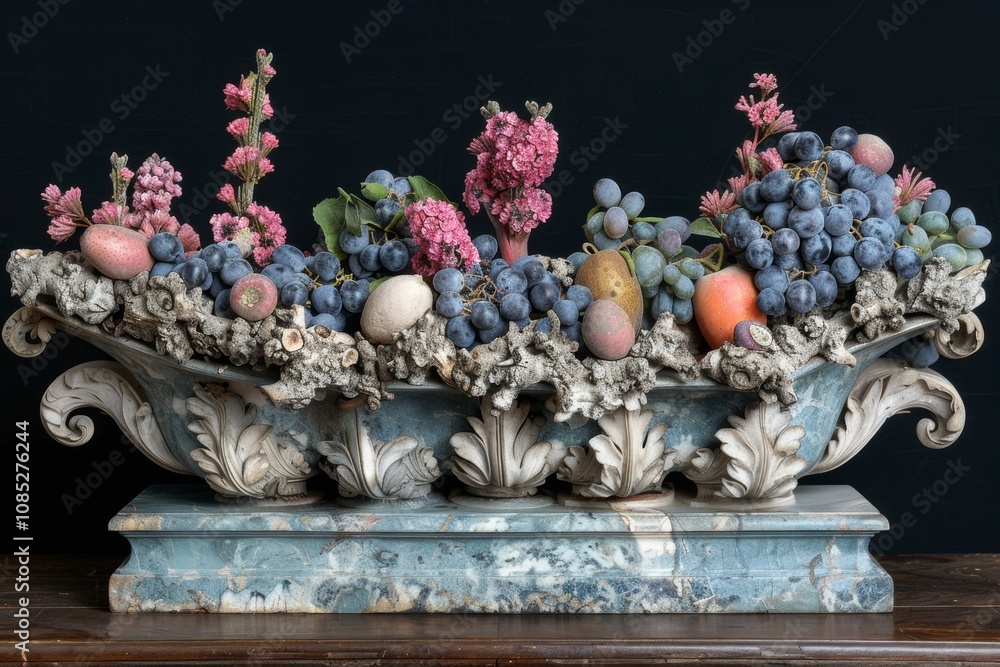 Obraz premium A detailed still life arrangement of colorful fruit and flowers in a decorative stone bowl set against a dark background