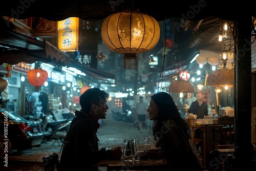 A romantic evening between two people at a bustling night market with lanterns illuminating the atmosphere