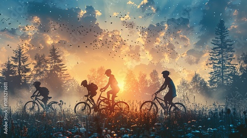 Family biking together on a sunny day