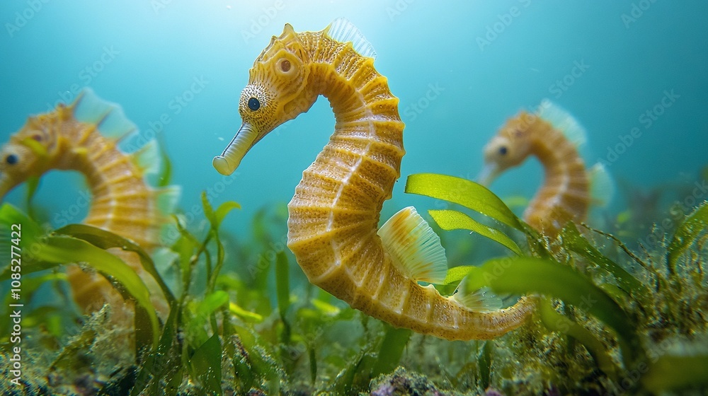 Seahorses in Ocean Currents Clinging to Seaweed Strands Seahorses in Ocean Currents Clinging to Seaweed Strands