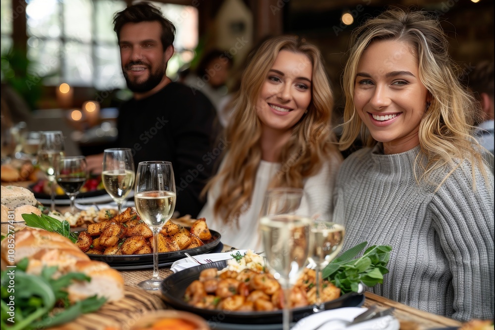Enjoying a delightful dinner with friends in a cozy restaurant setting during a warm evening gathering Enjoying a delightful dinner with friends in a cozy restaurant setting during a warm evening gathering