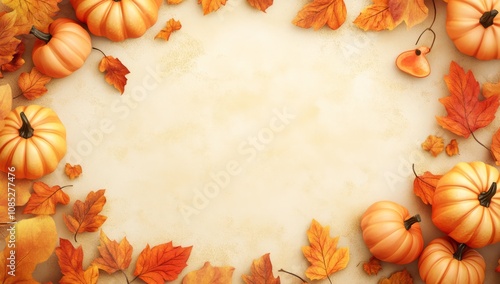 A flat background with pumpkins and autumn leaves around the edges, creating an atmosphere of fall season celebration.