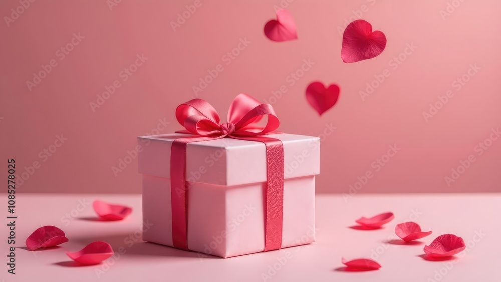A pink gift box with a pink ribbon is presented on a pink background with pink rose petals and heart-shaped petals floating in the air. Concept of a romantic Valentine's Day gift.