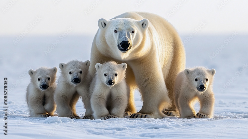 Polar Bear Mother Teaching Cubs to Hunt on Icy Tundra Polar Bear Mother Teaching Cubs to Hunt on Icy Tundra