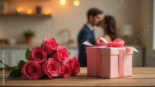 A pink gift box with a bow sits beside a bouquet of pink roses on a wooden table, with a blurred background of a couple kissing, creating a romantic Valentine's Day scene. Concept of romantic Valentin photo