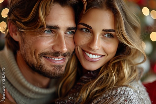 Couple enjoying a joyful moment together, celebrating the holiday season in a cozy indoor setting