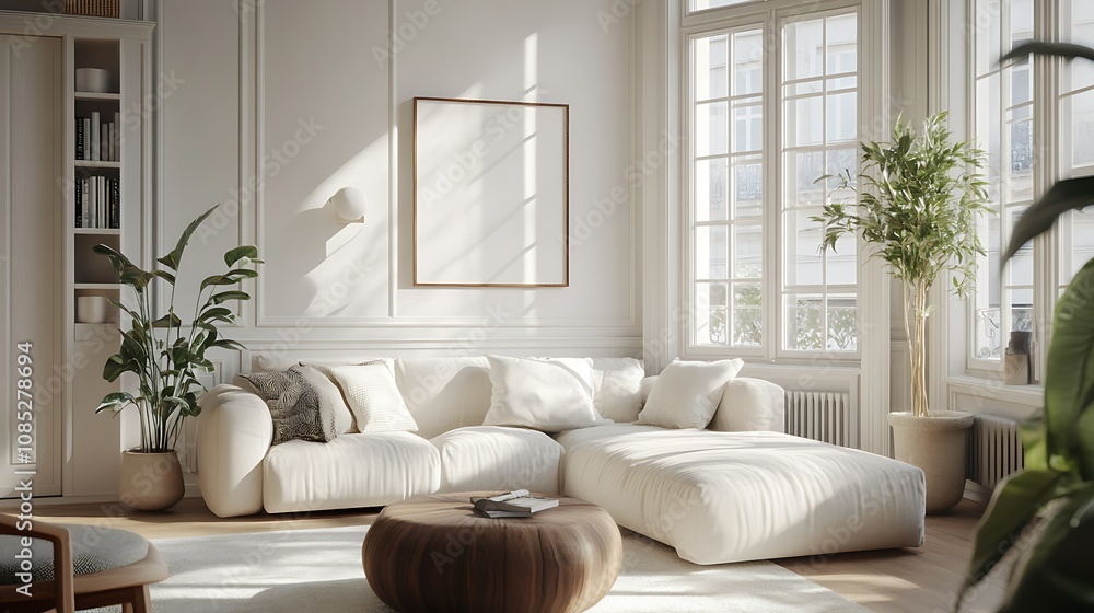 Bright, cozy living room with modern furniture and plants. Bright, cozy living room with modern furniture and plants.