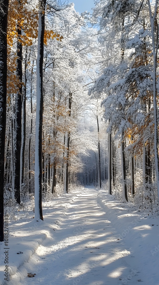 Serene winter pathway through snow-covered trees in a tranquil forest. Serene winter pathway through snow-covered trees in a tranquil forest.