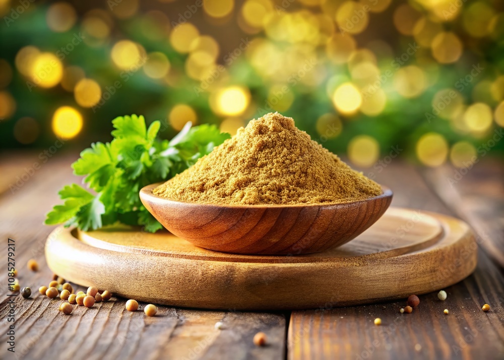 Fresh coriander powder, vibrant bokeh, on a rustic wooden plate. Fresh coriander powder, vibrant bokeh, on a rustic wooden plate.