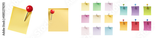 Set of different color sticky note with a push pin, cut out. 