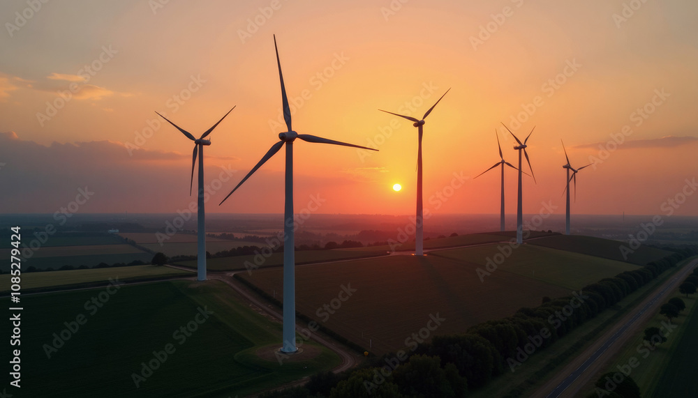 Fototapeta premium Sunrise over wind farm landscape
