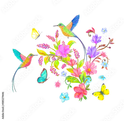 isolated watercolor blooming floral arrangement with long-tailed hummingbirds and butterflies