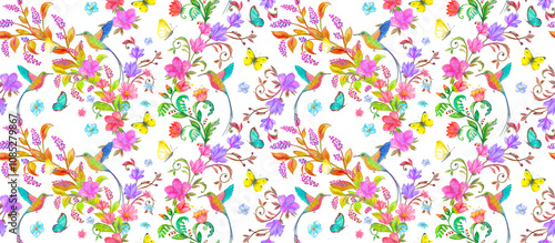 watercolor seamless texture with blooming floral arrangement and long-tailed hummingbirds, butterflies