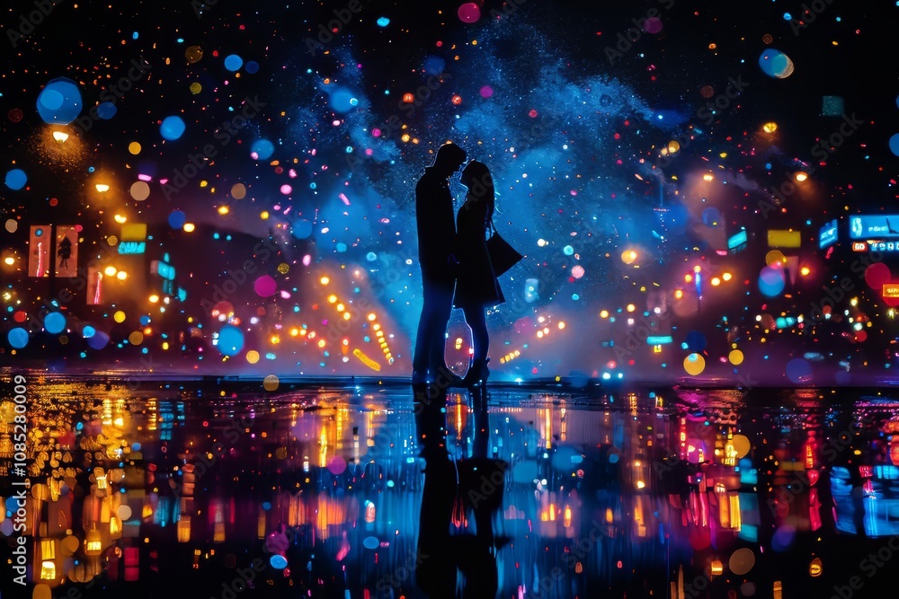 A romantic silhouette of a couple sharing a kiss under colorful lights on a rainy night in the city A romantic silhouette of a couple sharing a kiss under colorful lights on a rainy night in the city
