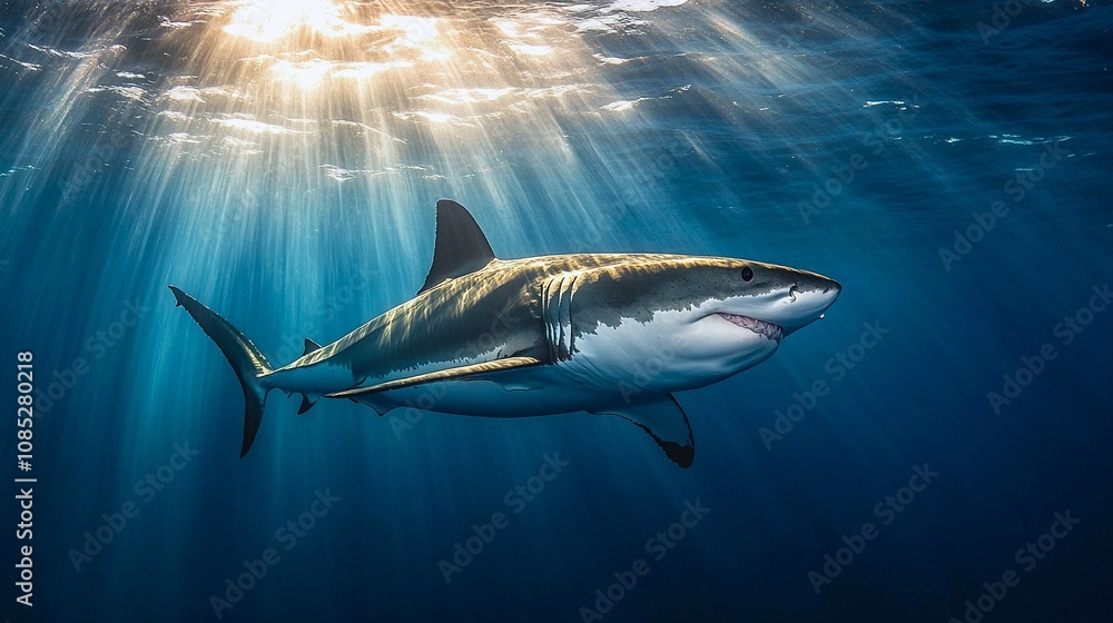 Fototapeta premium Great White Shark Swimming in Deep Ocean Waters with Sunlight