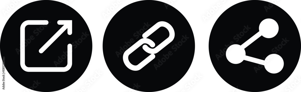 Icon set of links. Link, share link, external link black vector icon set. Redirecting links button. Web UI design. Isolated URL signs