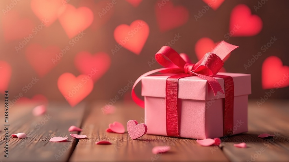 A pink gift box with a red ribbon sits on a wooden surface with small hearts scattered around, all against a backdrop of blurred hearts. Concept of a romantic Valentine's Day present. A pink gift box with a red ribbon sits on a wooden surface with small hearts scattered around, all against a backdrop of blurred hearts. Concept of a romantic Valentine's Day present.