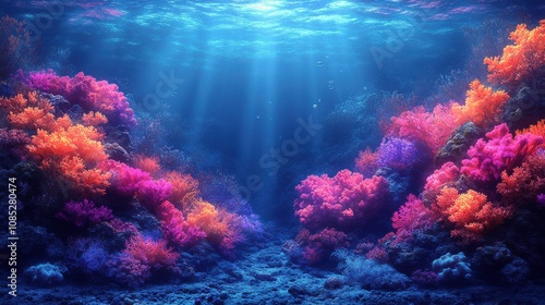 Vibrant Underwater Coral Reef Scene with Sunlight Filtering Through Water Creating an Enchanting Marine Landscape Filled with Colorful Corals and Marine Life