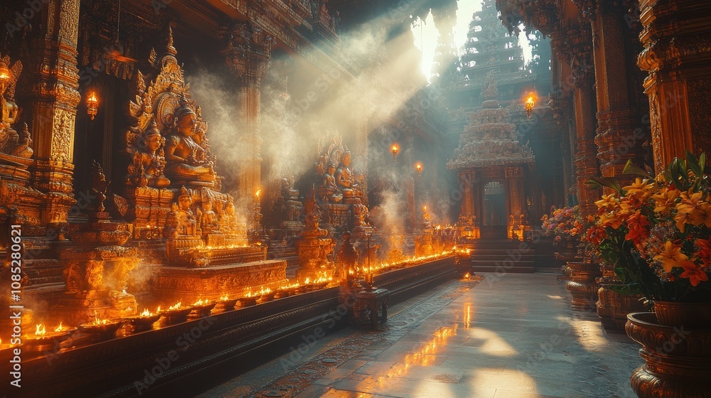 Sunbeams illuminate a serene temple interior with golden Buddha statues, incense smoke, and lit candles. Sunbeams illuminate a serene temple interior with golden Buddha statues, incense smoke, and lit candles.