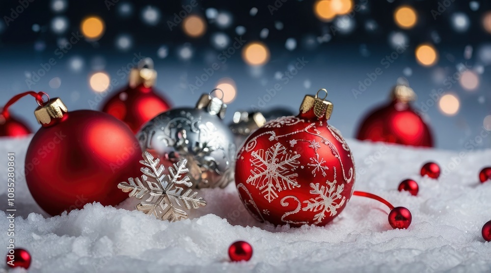 Red decorated with snowflake baubles lying on Snow, nice christmas red lights background - generative ai Red decorated with snowflake baubles lying on Snow, nice christmas red lights background - generative ai