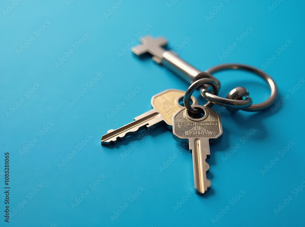House key with metal chain on blue background, top view House key with metal chain on blue background, top view