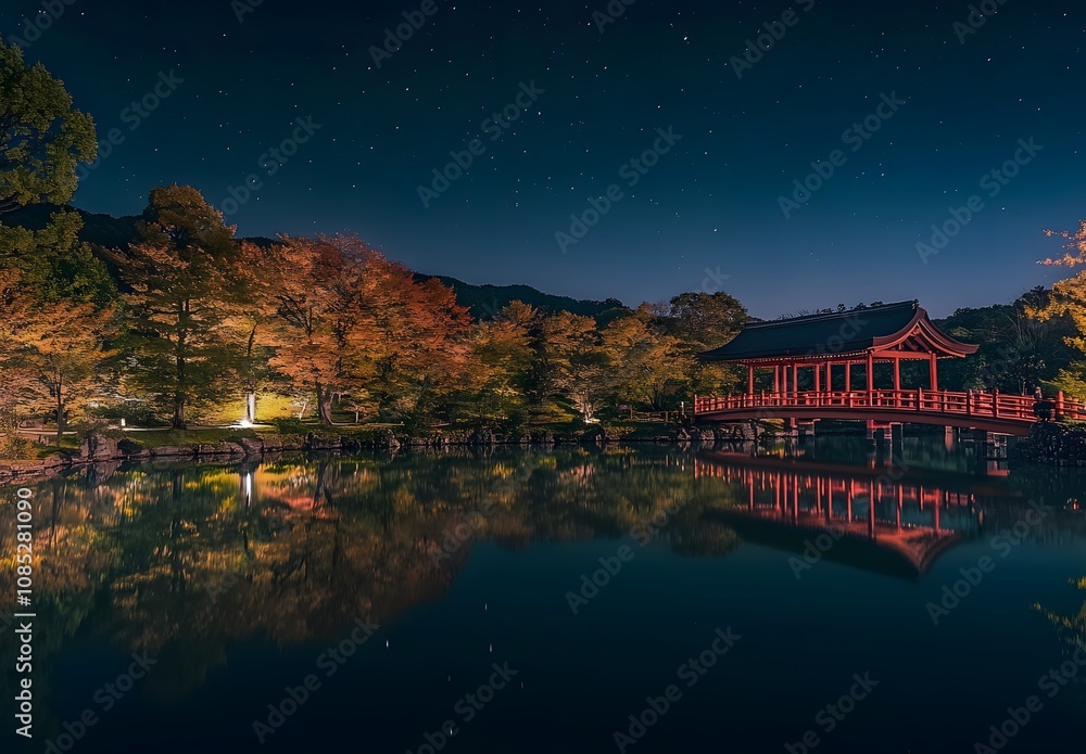 Fototapeta premium Night scene of a red bridge reflecting in a calm lake