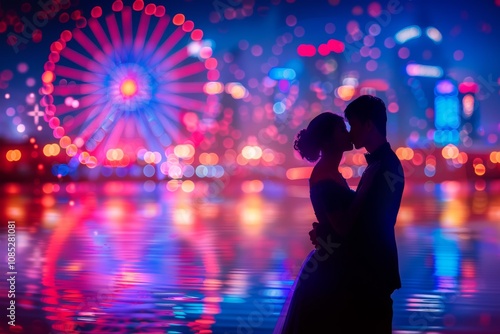 A couple sharing a romantic moment by the water with a vibrant city skyline and a Ferris wheel lit up at night