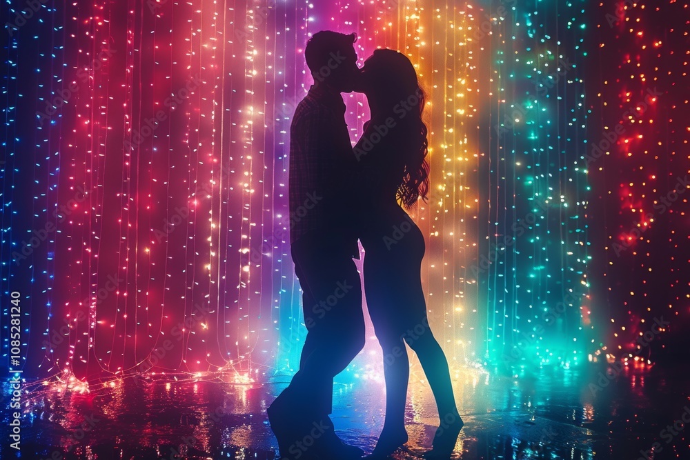 A romantic couple kisses in front of colorful lights during an intimate evening setting near a water feature A romantic couple kisses in front of colorful lights during an intimate evening setting near a water feature