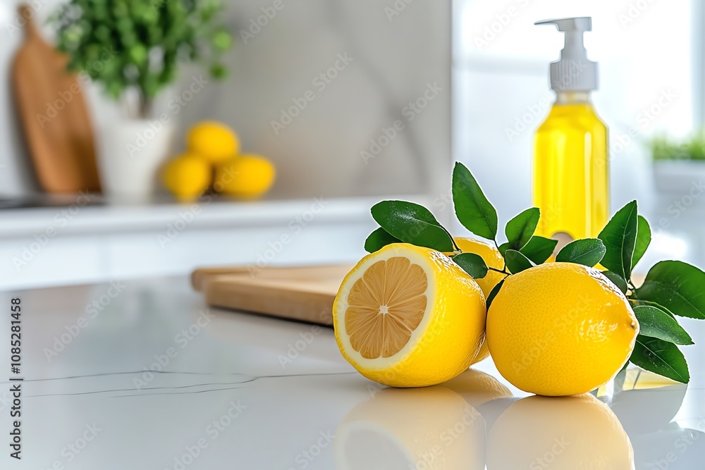 Fresh lemons on a kitchen countertop, showcasing vibrant color and healthy ingredients for cooking and recipes. Fresh lemons on a kitchen countertop, showcasing vibrant color and healthy ingredients for cooking and recipes.