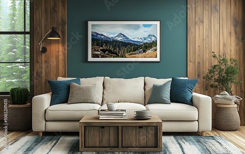 Cozy living room with a sofa, wooden accents, and mountain artwork.