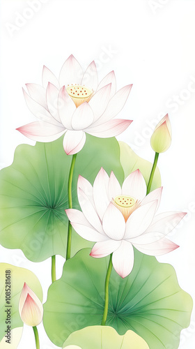 Elegant pink lotus blooms against the backdrop of emerald green lotus leaves