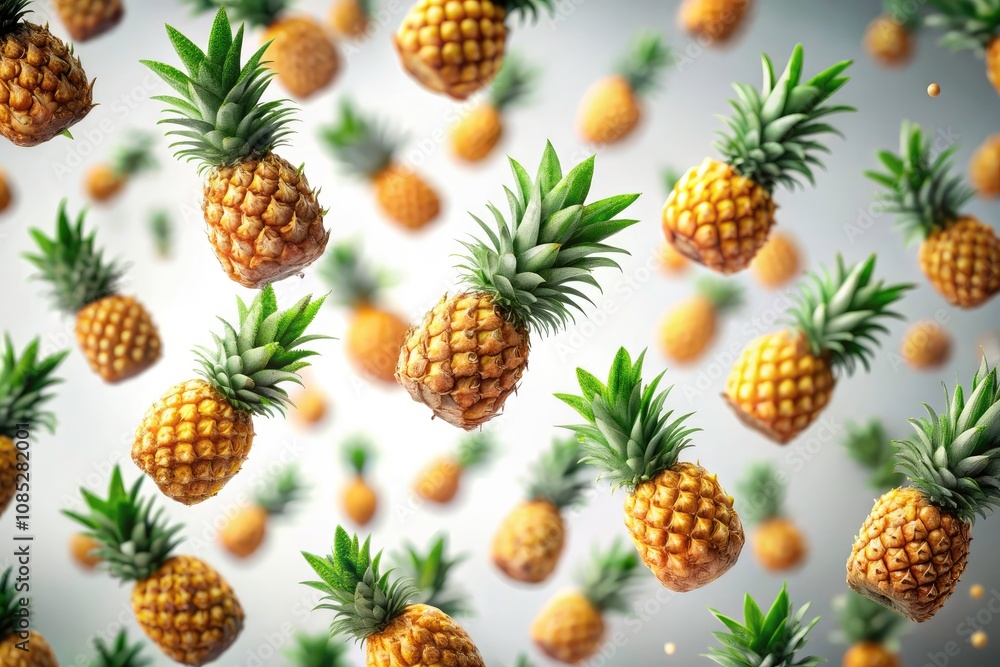 Flying Pineapples in Tilt-Shift Photography: A Whimsical Tropical Concept with Studio Background for Creative Art and Fun Culinary Imagery Flying Pineapples in Tilt-Shift Photography: A Whimsical Tropical Concept with Studio Background for Creative Art and Fun Culinary Imagery