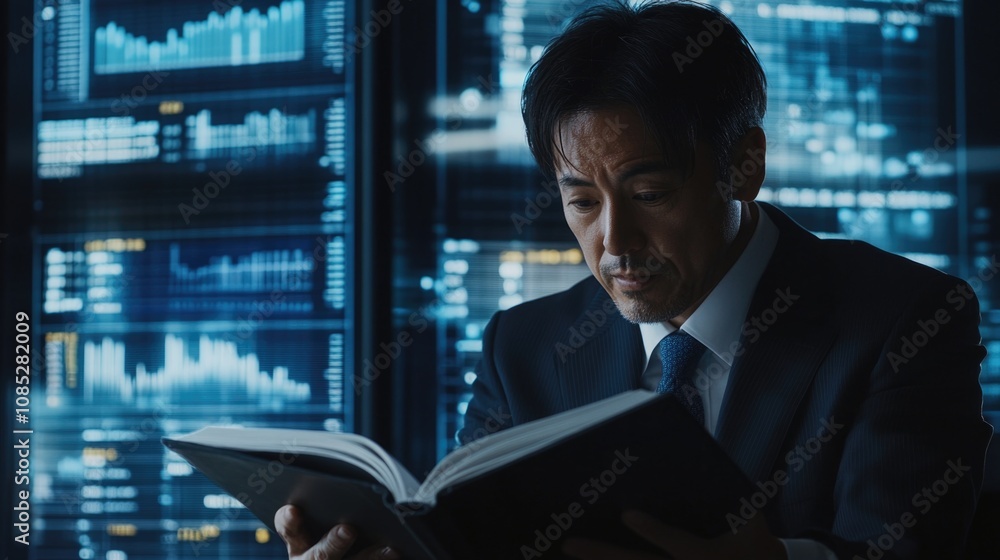 businessman is discussing with his team in the office, using a book and charts for the presentation of a business plan or strategy on a digital screen blurred background. businessman is discussing with his team in the office, using a book and charts for the presentation of a business plan or strategy on a digital screen blurred background.
